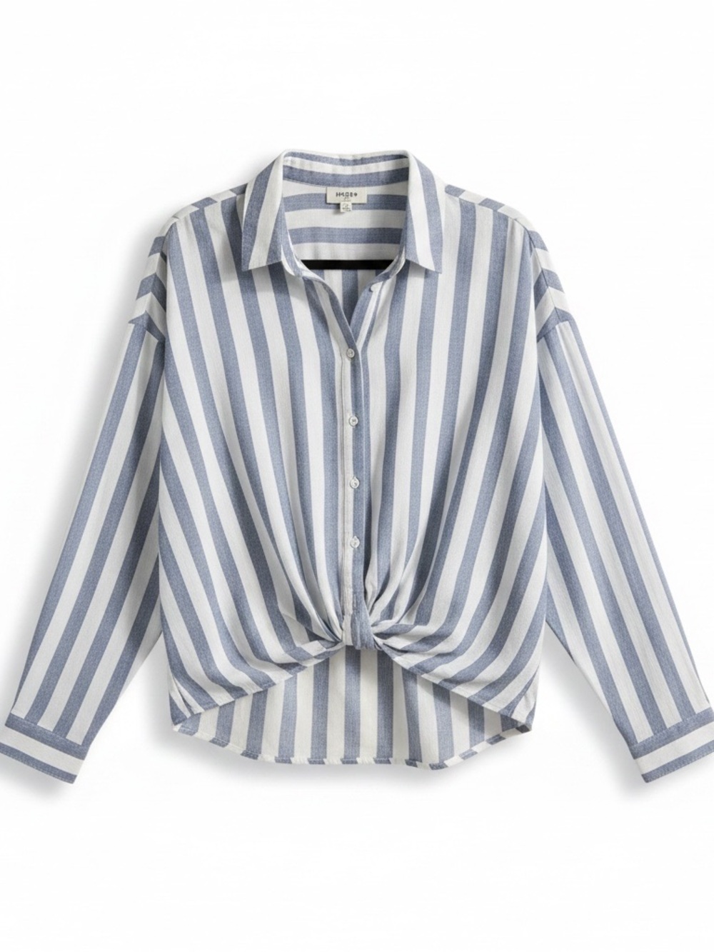 Umgee White and Light Blue Striped Twist-Hem Button Down Shirt